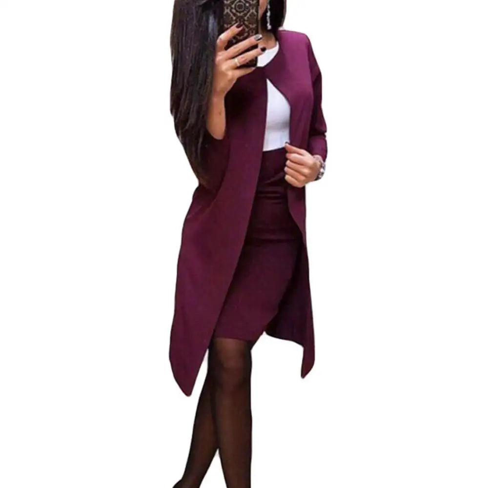🍒Womens skirt suits work wear clothes business formal two piece office outfits with long jackets and pencil skirts This LONG Is SUITed to your wardrobe and will be SHORTly no SKIRTing around