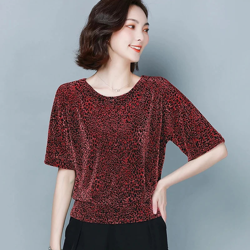 🍒Short sleeve womens blouses o-neck shirt smart casual women leopard print party top with elasticated waist office shirts Simple Vintage style clothing Simple Style Statement