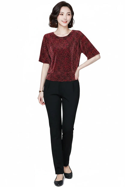 🍒Short sleeve womens blouses o-neck shirt smart casual women leopard print party top with elasticated waist office shirts Simple Vintage style clothing Simple Style Statement