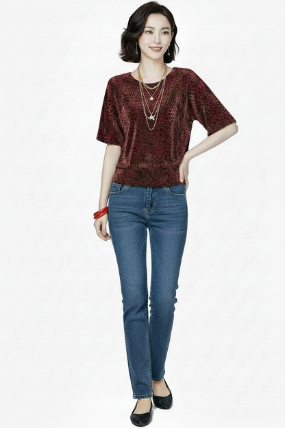 🍒Short sleeve womens blouses o-neck shirt smart casual women leopard print party top with elasticated waist office shirts Simple Vintage style clothing Simple Style Statement