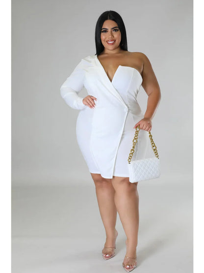 🍒One shoulder plus size dress wedding guest party outfit women v-neck single long sleeve solid suit dress mini occasion clothing Be Redy And Fresh In A Cool Dress