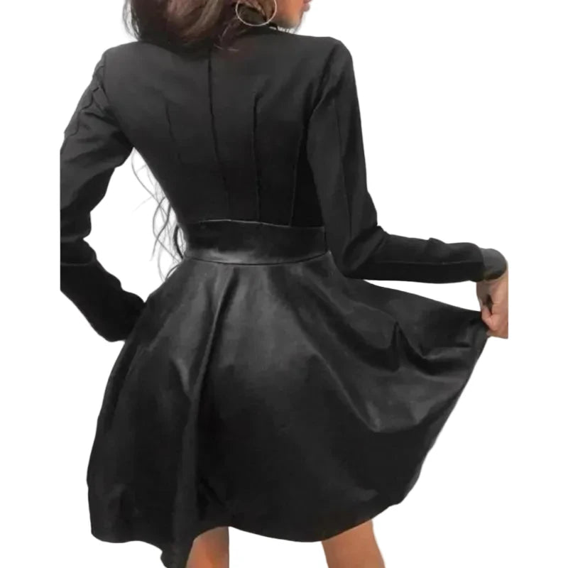 🍒Pu leather dress for women  lace mesh sleeve mixed media fashion party dress mini elegant stand neck collar a-line outfit Pretty Plaid Pu