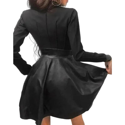 🍒Pu leather dress for women  lace mesh sleeve mixed media fashion party dress mini elegant stand neck collar a-line outfit Pretty Plaid Pu