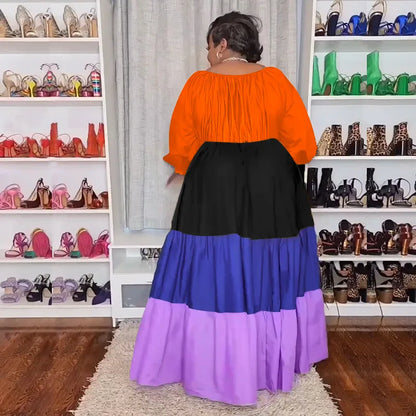 🍒Plus size womens dress colourful clothing puff sleeve maxi outfit long stleeve slash neck patchwork female casual wear Casual long dress Get Into Colour L-5XL