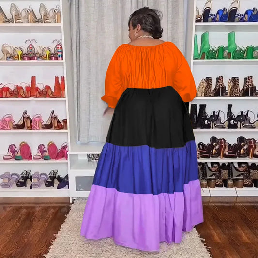 🍒Plus size womens dress colourful clothing puff sleeve maxi outfit long stleeve slash neck patchwork female casual wear Casual long dress Get Into Colour L-5XL