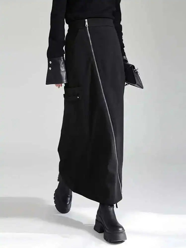 🍒High waist irregular long skirt black with slit zipper and pocket midi fashion long smart casual clothing for women party occasion wear Zip This Up And Look Lovely In Liquorise