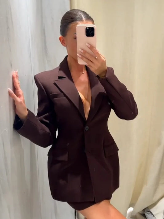 🍒Lapel blazer skirt set women smart casual clothing solid long sleeve single breasted jacket with pockets and matching solid a-line mini skirt party occasion outfit fashion wear