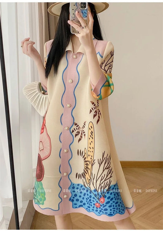 🍒Fashion dress shirt style for women smart casual wear midi clothing beautiful print designer a-line outfits loose summer wear Button Up In A Shirt Dress