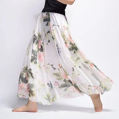 🍒Vintage bohemian long skirt full elegant chiffon fashion beach wear smart casual women high waist maxi skirt outfit summer Clothing Fill Your Basket With Roses