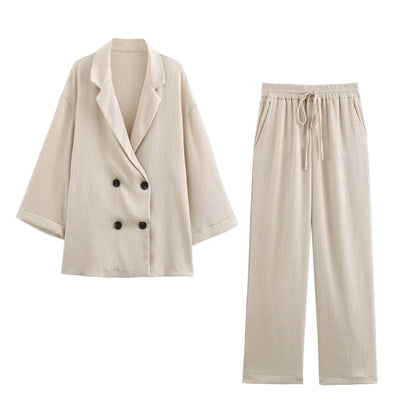 🍒Casual blazer jacket and  pants suit for women long sleeve double breasted jacket + wide leg trousers office outfits smart casual fashion wear occasion wear Keep Abreast Of The Double Breast