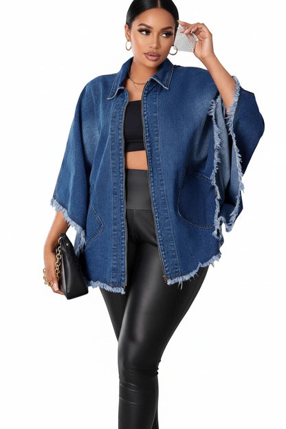 🍒Denim jacket women y2k pocket coat zipper poncho with turn down collar batwing sleeves  outerwear loose casual BAT For The DENIM team And WINg