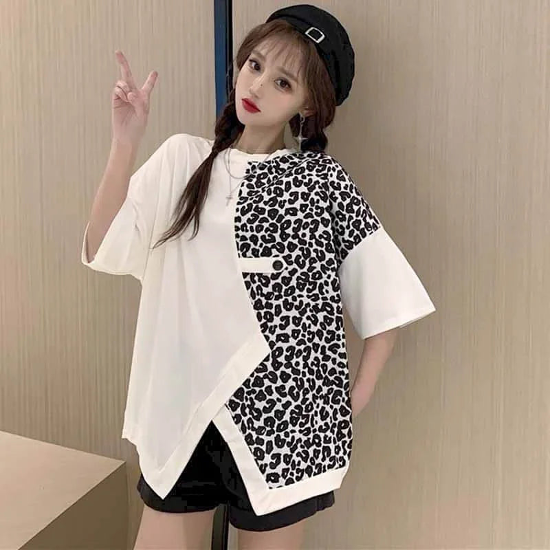 🍒Leopard patchwork t-shirt for women short-sleeved top loose  top shirt female fashion clothing  women casual clothes Print Animal Style