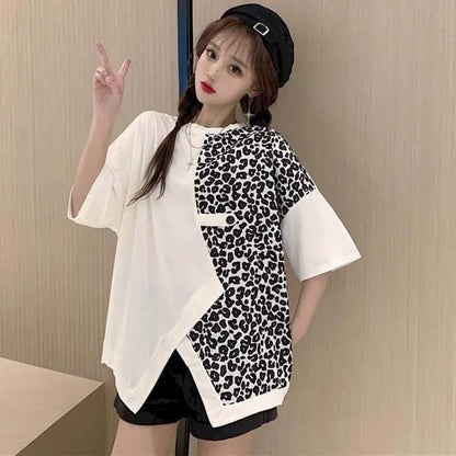 🍒Leopard patchwork t-shirt for women short-sleeved top loose  top shirt female fashion clothing  women casual clothes Print Animal Style