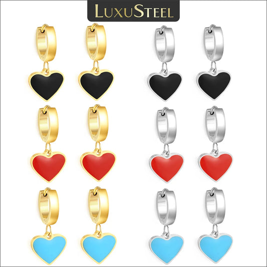 🍒 Stainless Steel Hoop Earrings enamel love heart Women Oil Drip jewelry Blue Black Red dangle drop earrings Always Love Drops