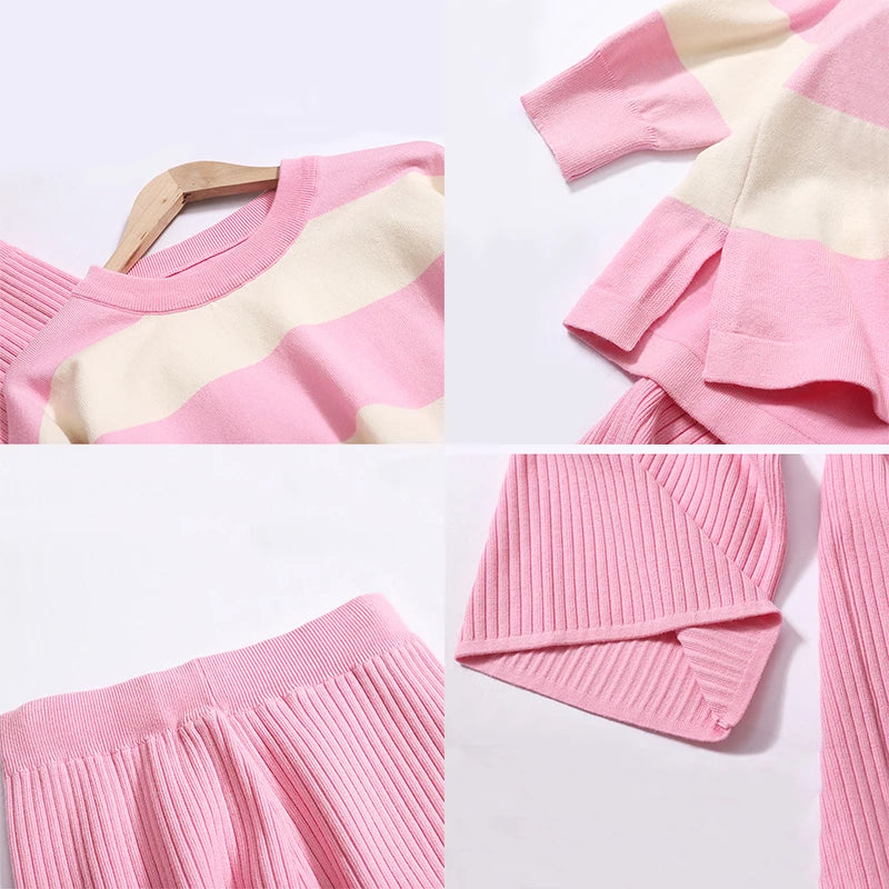 🍒Summer two-piece sets women’s contrast Colour striped top o-neck long sleeve plus casual high waist wide leg pants Suit Yourself With Stripes