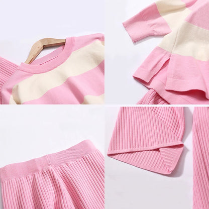 🍒Summer two-piece sets women’s contrast Colour striped top o-neck long sleeve plus casual high waist wide leg pants Suit Yourself With Stripes