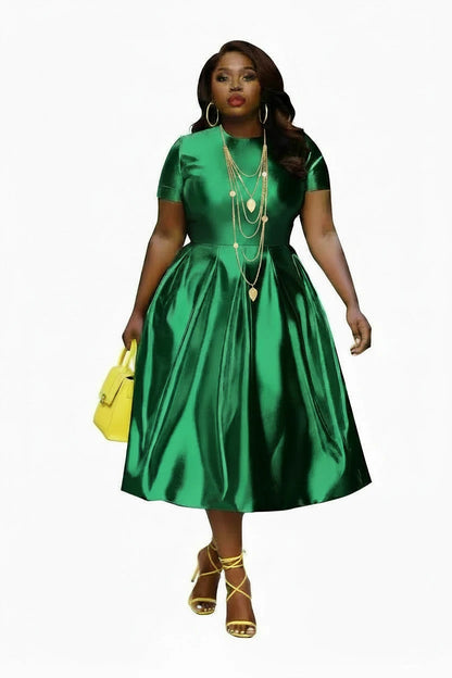 🍒A-line shiny dress metallic short sleeve midi for women plus size outfit fit and flare elastic dress smart casual clothing Summer Stunner