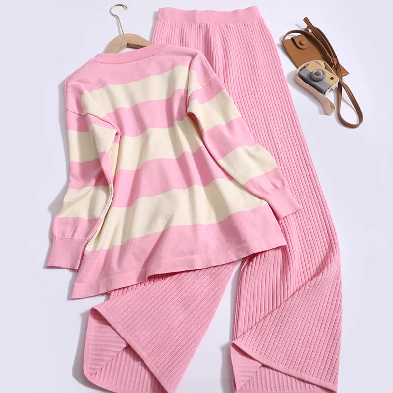 🍒Summer two-piece sets women’s contrast Colour striped top o-neck long sleeve plus casual high waist wide leg pants Suit Yourself With Stripes