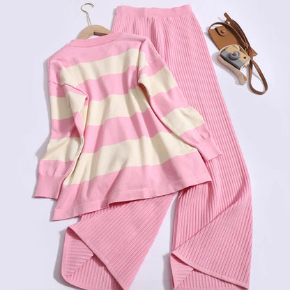 🍒Summer two-piece sets women’s contrast Colour striped top o-neck long sleeve plus casual high waist wide leg pants Suit Yourself With Stripes