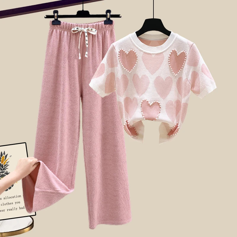 🍒Two piece set suit chic knit t-shirt with love heart top women  and casual wide leg pants sets elegant casual clothing home wear clothes  Love This Set