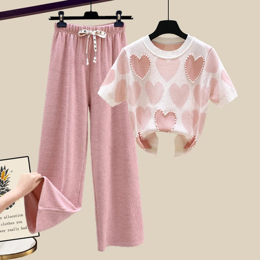 🍒Two piece set suit chic knit t-shirt with love heart top women  and casual wide leg pants sets elegant casual clothing home wear clothes  Love This Set