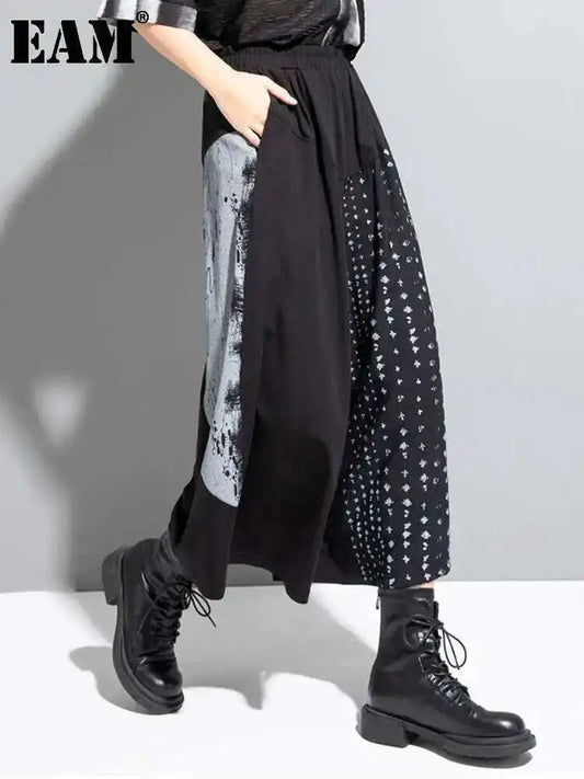 🍒High waist elastic black pattern printed wide leg pants loose fit trousers for smart or casual wear women street wear fashion party bottoms No Bottleing Out With These Bottoms Just Bottoms Up!