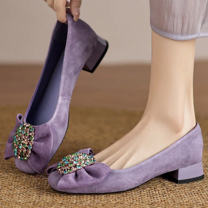 🍒Suede square toe shoes sweet bowtie flats women crystal slip on shoes decoration brooch flats elegant occadson shoes party footwear 41 size available Stride In Suedes