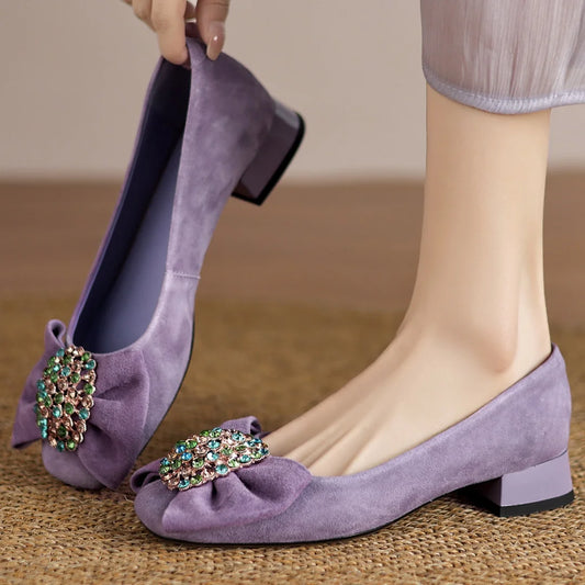 🍒Suede square toe shoes sweet bowtie flats women crystal slip on shoes decoration brooch flats elegant occadson shoes party footwear 41 size available Stride In Suedes