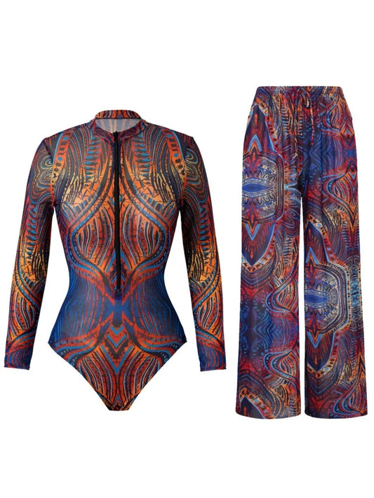 🍒Two piece set swimwear pants and swimsuit for women summer bathing suit and wide leg trouser beach cover up swimming suit set beach wear party outfit Suited For Swimming