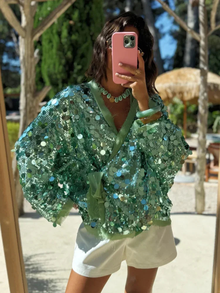 🍒Sequins bow tie jacket party long sleeve fashion short coat womens glitter party wear v-neck female long sleeve loose tops They Will SE'A Green When You Shimmer In This Winner