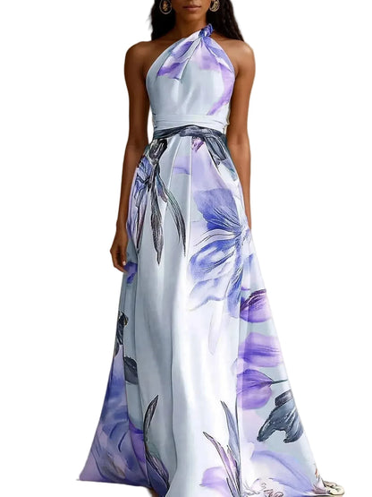 🍒Party vacation dress maxi floral fashion printed long outfit catwalk sleeveless party backless european and american occasion clothing Floor Them With A Floor Floral