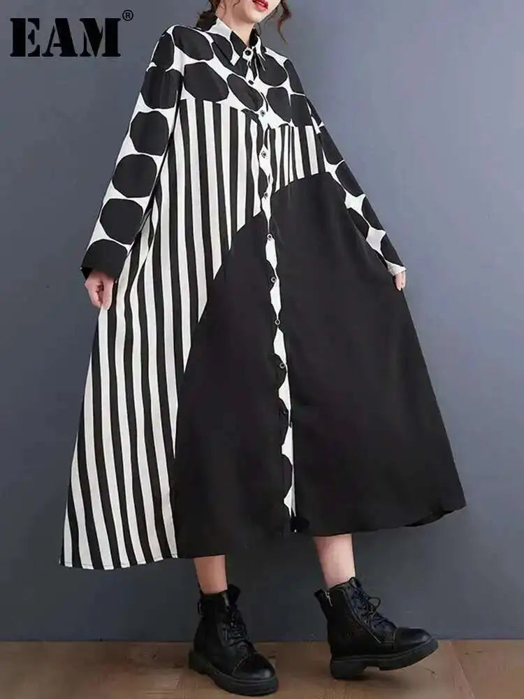 🍒Black polka dot a-line dress plus size Asymmetry shirt dress midi women's long sleeve summer outfits fashion smart casual Get An Angle On A- Triangle