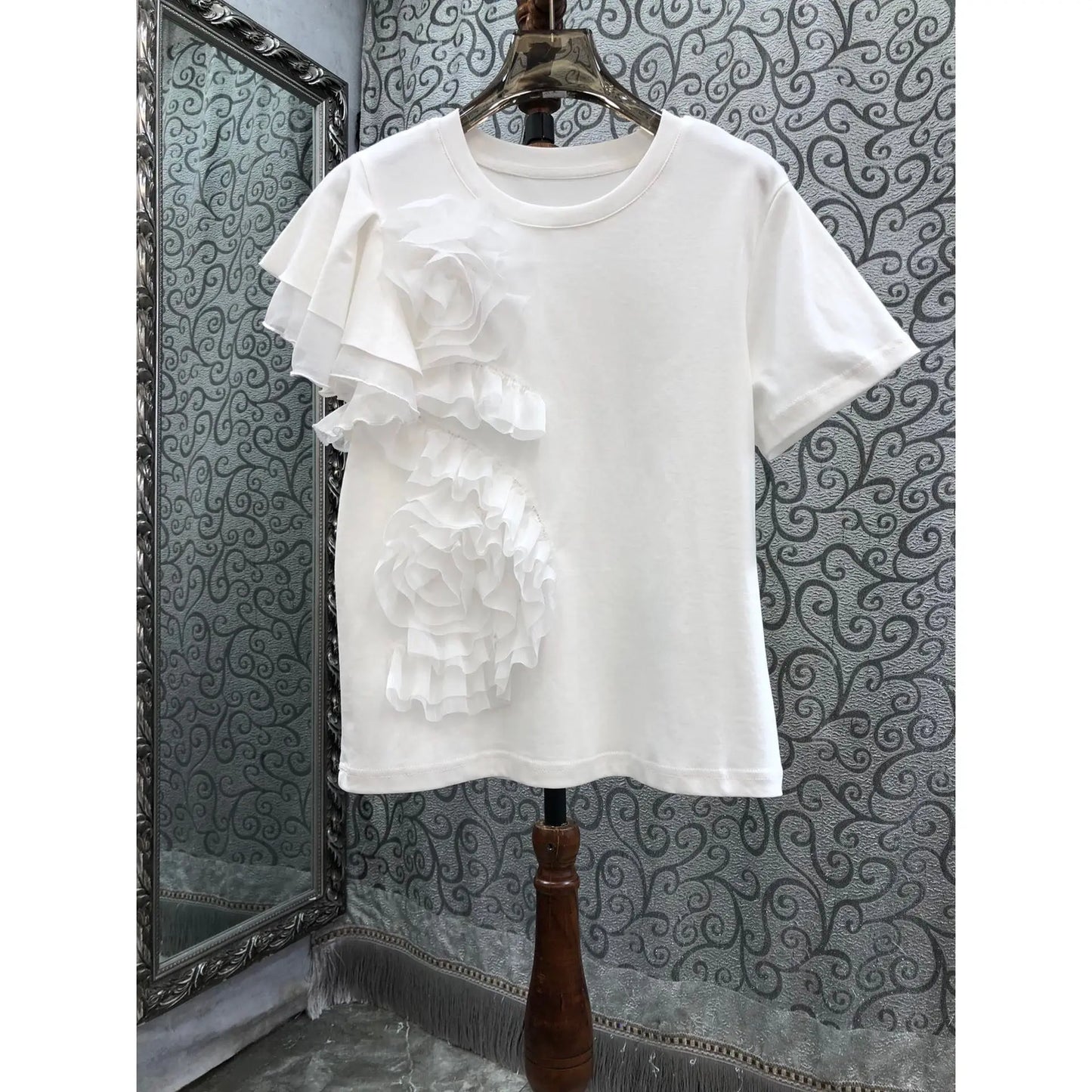 🍒3D flower top with ruffles  round neck short sleeved t-shirt smart casual party wear for women Time For A Rosy Lee Te'