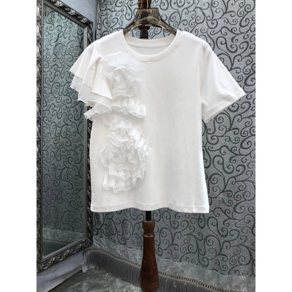 🍒3D flower top with ruffles  round neck short sleeved t-shirt smart casual party wear for women Time For A Rosy Lee Te'