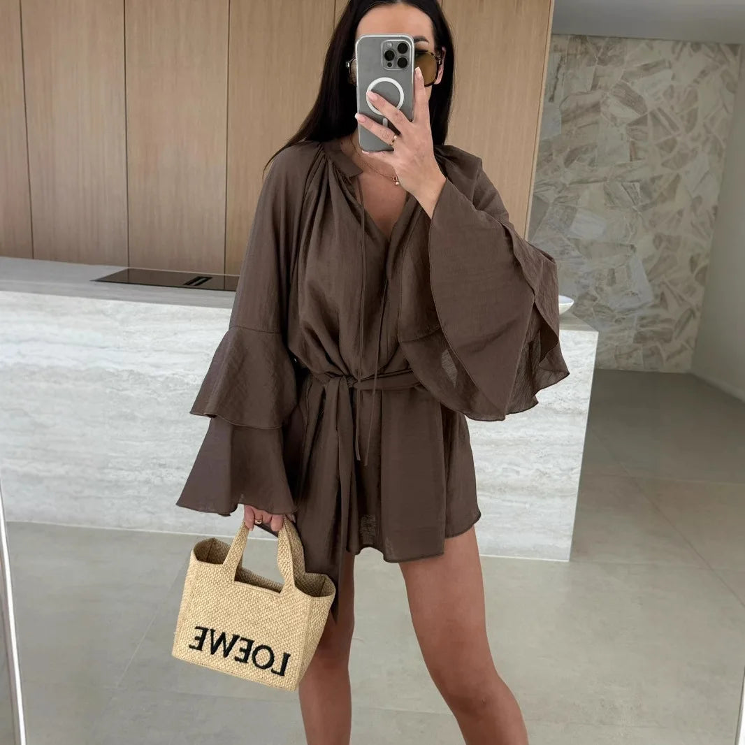 🍒Elegant fold dress women brown deep v-neck long sleeve mini dress female spring summer loose fashion clothes party occasion wear Blouse Up In  a Dress