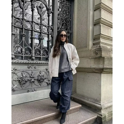 🍒Women's Jackets spring  autumn fleece vintage jacket oversized outerwear long sleeve  Bomber Jacket women