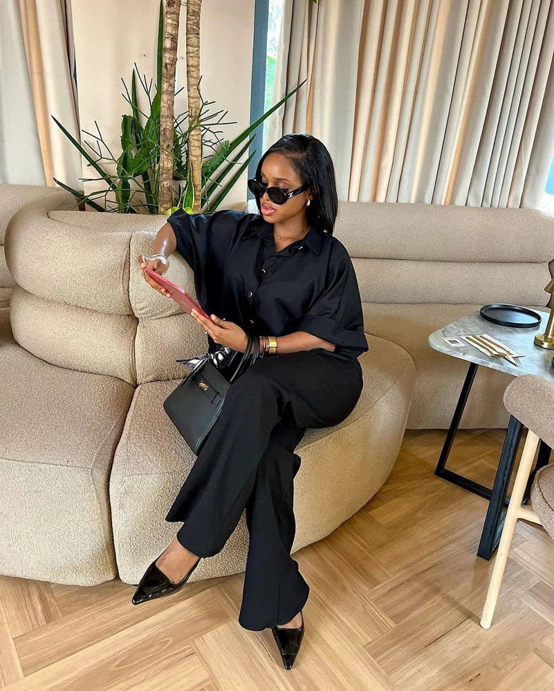 🍒Black two piece set outfit summer women half sleeve button down shirt and wide leg pants suit summer office wear party occasion wear AND drink RUM in this BLACK