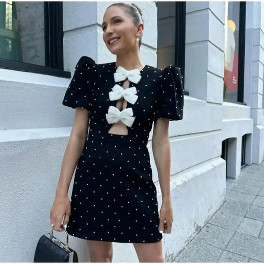 🍒Bow mini dress puff sleeve party wear outfit o-neck summer occasion wear fashion elegant clothing for women BIg Up BowBowBow!