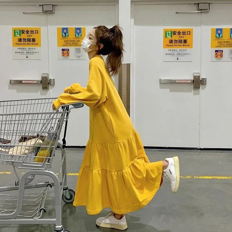 🍒Oversized dress solid color loose outfit long sleeve maxi fashion for women o-neck a-line outfits casual wear Feel Good Tiers Of Joy