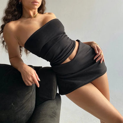 🍒Women's mini skirt and top set fashion high waisted short skirt plus bandeu top all match female summer wear casual wear clothes Outfit Y2K style Sassy Summ-her Sets