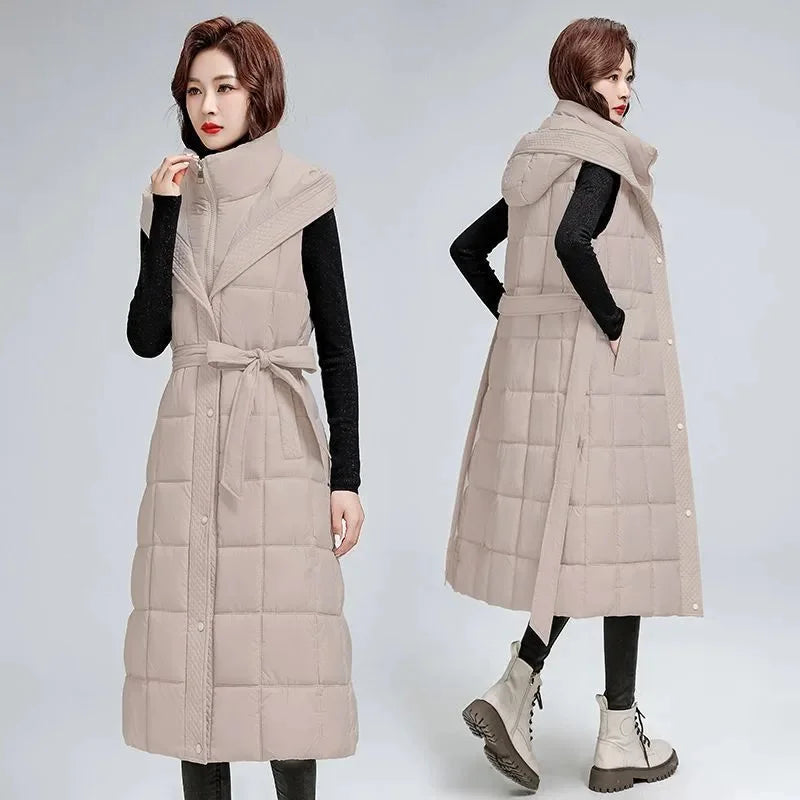 🍒Sleeveless down coat womens lomg outerwear vest autumn winter coat hooded long Jacket down filled waistcoat female winter fashion Get Down With Puffers