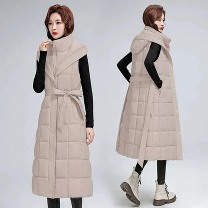 🍒Sleeveless down coat womens lomg outerwear vest autumn winter coat hooded long Jacket down filled waistcoat female winter fashion Get Down With Puffers