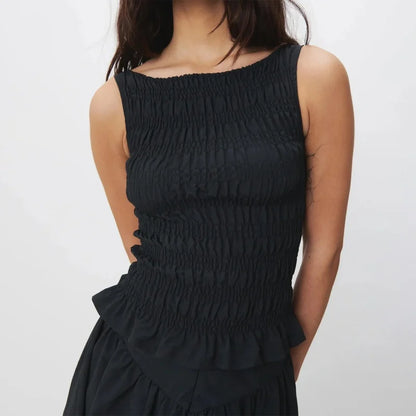 🍒Women Y2K smocked shirred tank top sleeveless crew neck frill ruffle crop top ruched pelpum going out tops party clubwear