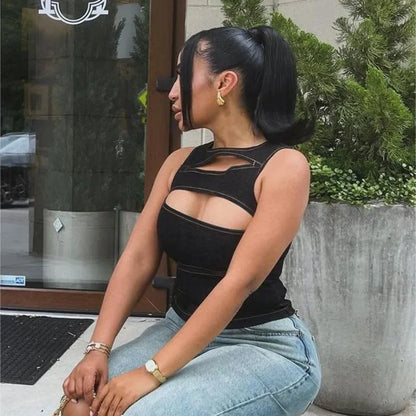 🍒Round neck sleeveless vest solid color crop cut out denim top summer wear for womens trendy fashion