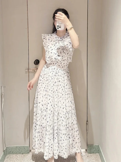 🍒Mid-length dresses for women printed high waisted outfit gentle literary pleated slim exquisite outfit smart casual flloral clothing