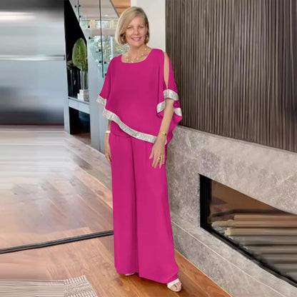 🍒Two-piece suit o-neck top and pants set for women summer fashion sequin bat wing top wide leg trousers occasion party wear Get Hold Of A Cold Shoulder And Warm Your Heart