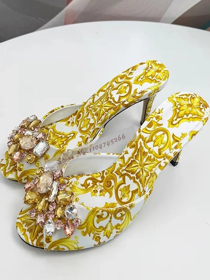 🍒Printed sandals mules floral mid heels red yellow multi-color  crystal shoes for women sandals for wedding guests gem stone embellished party slippers for women occasion footwear modern slip on pumps Pump Up Your Foowear Wardrobe