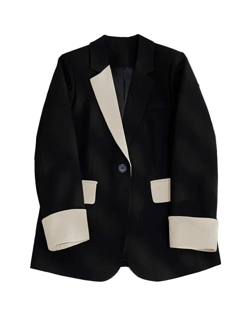 🍒Fashion blazer jacket spring autumn long sleeves black jacket contrast patchwork office cothes for women outerwear smart casual suit coat female chic fashion   Turn Up In Your Contrast