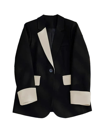 🍒Fashion blazer jacket spring autumn long sleeves black jacket contrast patchwork office cothes for women outerwear smart casual suit coat female chic fashion   Turn Up In Your Contrast