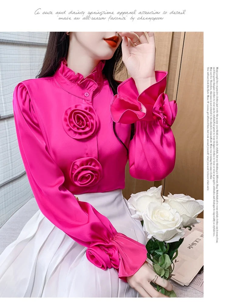 🍒Hot pink shirt high neck women flare cuff long sleeve classic fashion 3D flower blouse design feminine Clothing occasion party wear fashion Look HOT And ROSEy In PINK